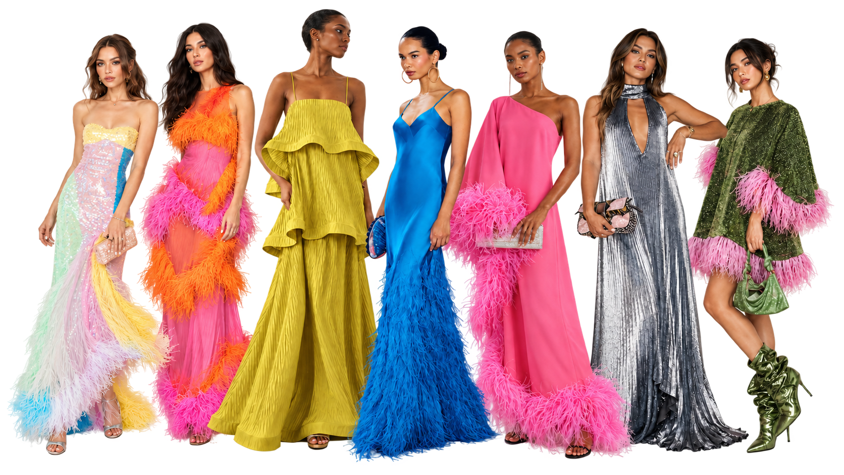 Referências de looks femininos coloridos: paetês, plumas, cetim e brilho