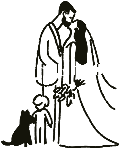 Ilustração de Andressa e Roger se beijando, com o filho e o cachorro